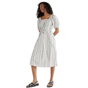 Square-Neck Ivory Stripe Midi Dress with Tie Waist. Runs Large.